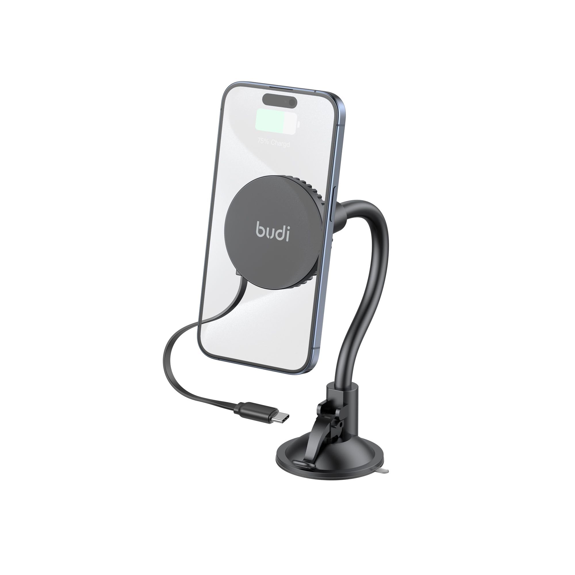 Budi Universal Magnetic Wireless Car Charger and Holder - Windshield + Vent + Retractable 1m Cable